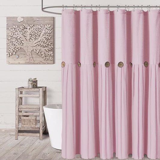 Awellife Farmhouse Pink Shower Curtain Button Linen Textured Woven Fabric,Country Style,72x72 Inch