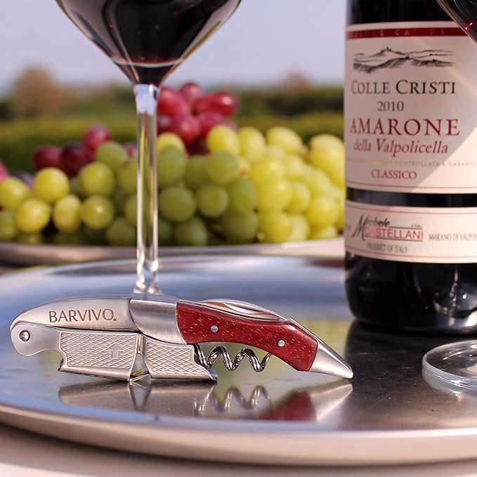 Barvivo Red Pear Wine Opener with Foil Cutter Knife and Cap Remover, Double Hinged Manual Wine Key for Bartenders, Servers, Waiters, Stainless Steel Wine Bottle Opener Corkscrew