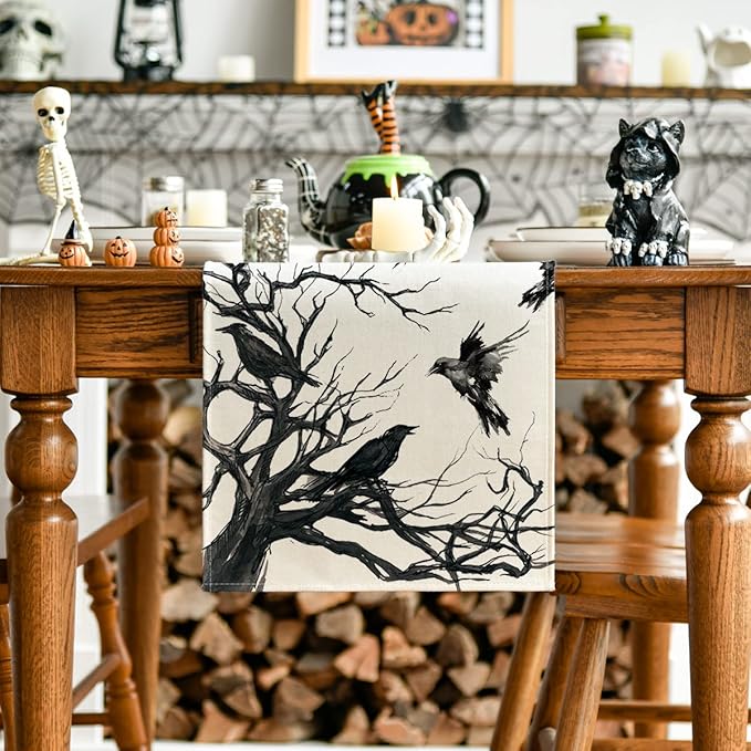 Artoid Mode Silhouette Tree Crows Halloween Table Runner, Branches Fall Kitchen Dining Table Decoration for Outdoor Home Party 13x90 Inch