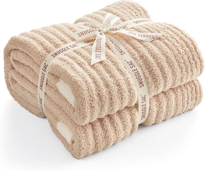 Snuggle Sac Fluffy Ribbed Beige Blanket Twin Size, Soft Luxurious Knit Fuzzy Plush Microfiber Blankets for Sofa, Bed, Beige, 60x80 inches