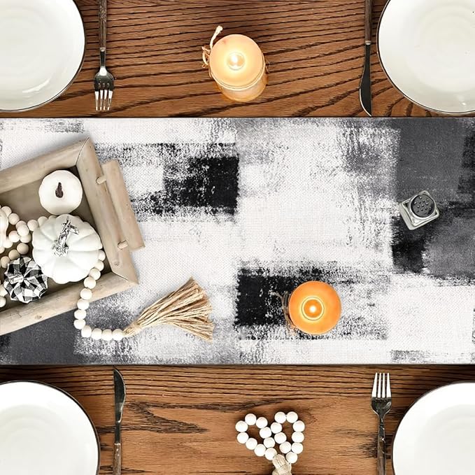 OYIMUA Dark Grey and White Abstract Modern Table Runner, Art Rustic Kitchen Dining Table Decor for Holiday Home Party 13x90 Inches