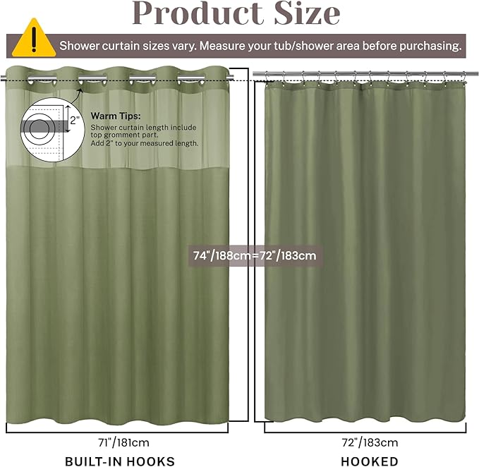No Hook Slub Textured Shower Curtain with Snap in Liner - Sage Green Fabric Outer Curtain & Waterproof Inner Liner, Hotel Style with See Through Top Window, 71x74 in