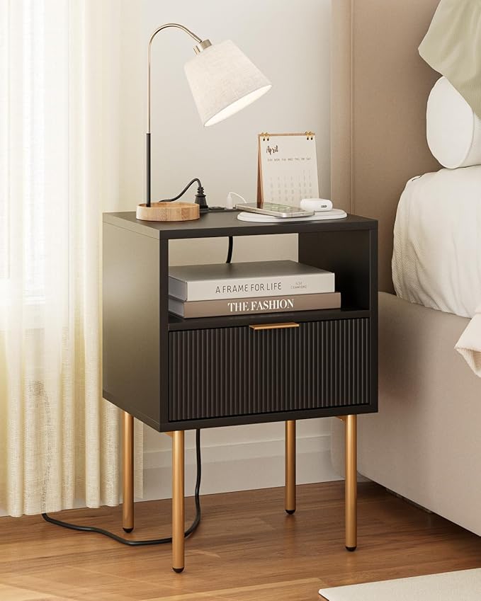 Masupu Nightstand with Charging Station,Mid-Century Modern Bedside Table with Storage Drawer and Open Wood Shelf,Small Gold Frame Side Table for Bedroom,Living Room (Black)