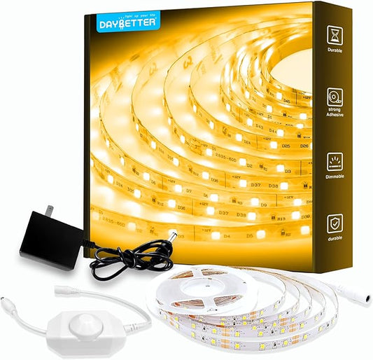 DAYBETTER Warm White LED Strip Light,16.4 ft Dimmable Bright Rope Light,3000K 12V LED Light Strip,Super Bright LED Tape Lights for Bedroom,Kitchen,Mirror,Home Decoration