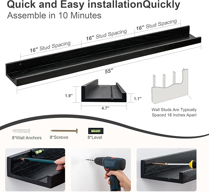Floating Picture Ledge Shelves 55 Inch Solid Oak Wood Set of 2, Rustic Wall Storage Shelves with Lip, Kids Bookshelf, Photo & Picture Ledge Shelves for Bedroom, Living Room, Kitchen