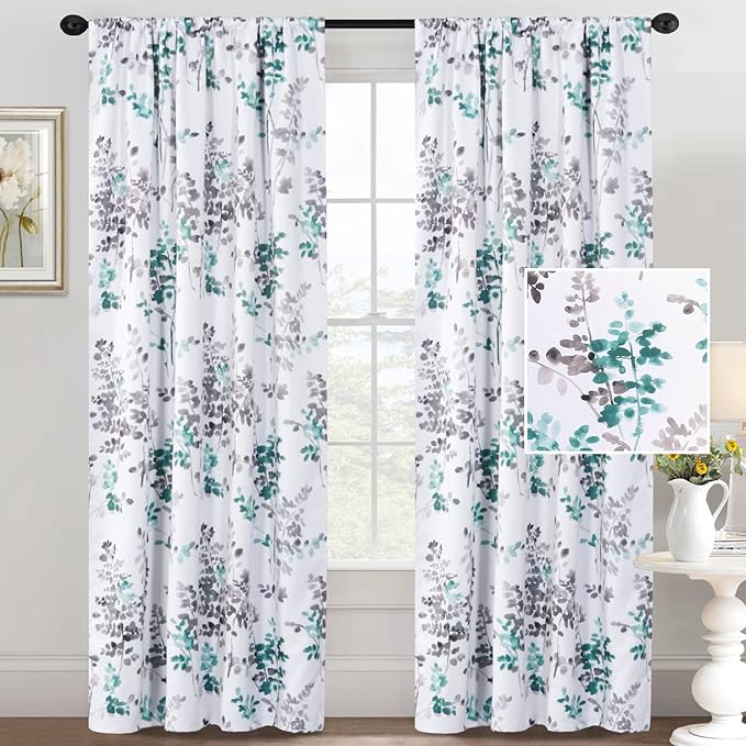H.VERSAILTEX Floral Curtains 84 Inches Long Printed Pattern Room Darkening Curtains for Bedroom Rod Pocket Window Treatment Curtains, 2 Panels, Classical Floral Grey and Turquoise