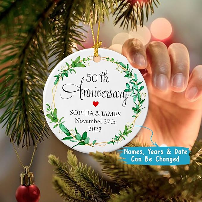 50th Wedding Anniversary Ornament, Personalized Happy Anniversary Ornament Gift for Mom Dad Grandparents, 50 Years As Mr & Mrs 2025 Xmas Ceramic Ornament, Custom Names & Years Anniversary Married