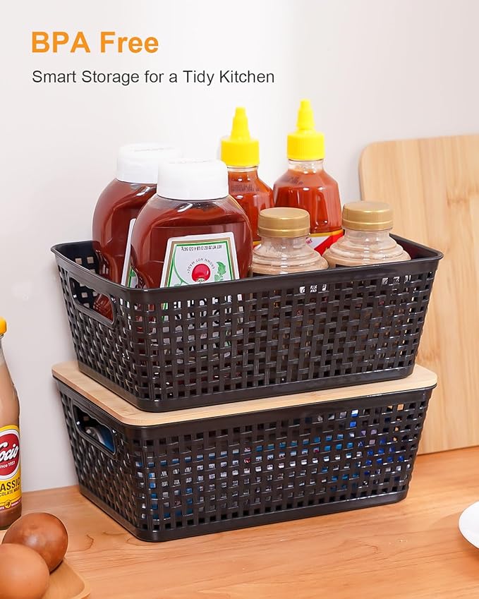 Storage Bins with Lids 8 Packs, Plastic Storage Bins with Bamboo Lids for Pantry Organization and Storage Containers for Shelves Drawers Desktop Closet Playroom Classroom Office Home, Black