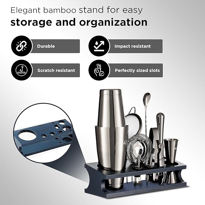 Mixology Black Bartender Kit with Japanese Jigger & Stand - 13 Piece Stainless Steel Cocktail Making Set - Boston Shaker, Strainer, Mixer Spoon, Muddler - Barware Anniversary & Birthday Gifts