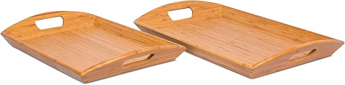 BIRDROCK HOME Breakfast Serving Tray with Handles - Set of 2 - Natural Bamboo - Wood - Food - Breakfast Tray - Party Platter - Nesting - Kitchen and Dining