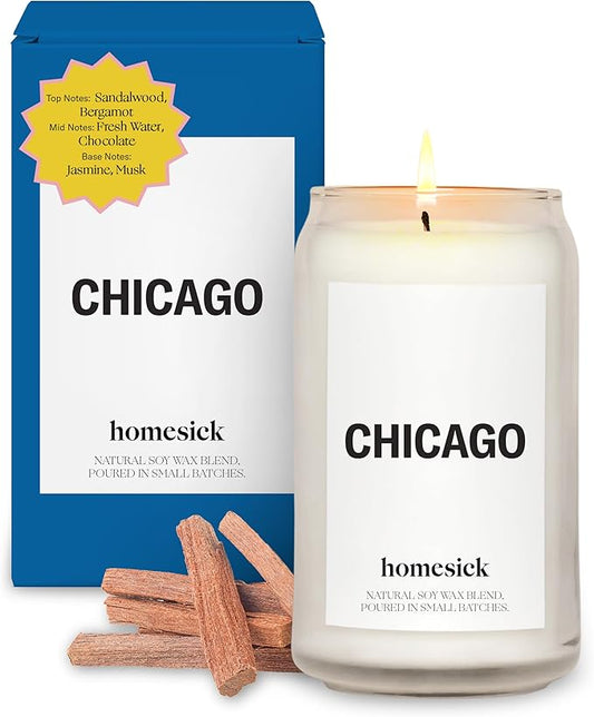Homesick Scented Candles for Home (Chicago) - 13.75 oz Long-Lasting Soy Wax Jar Candle for Women & Men for All Occasions, 60-80 Hours Burn Time - Notes of Sandalwood & Bergamot