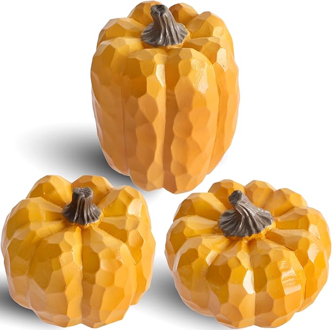 winemana Pumpkins Fall Decorations for Home & Thanksgiving- Set of 3 Artificial Pumpkin Centerpiece for Table Runner, Office, Indoor Mantel & Porch, Autumn Harvest Decor (Yellow)