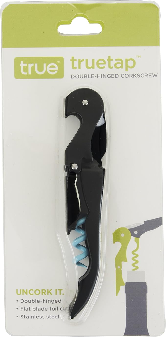 True Truetap Double Hinged Waiter's Corkscrew Wine Opener, Stainless Steel Wine Bottle Opener with Built In Foil Cutter, Home Bar Tools, Bar Cart Accessories, Wedding Gifts, Set of 1, Black Blue