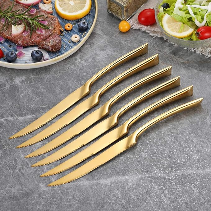 Lemeya Stainless Steel Gold Steak Knives Set of 6,Forge Steak Knife,Serrated Steak Knives Set,6 Piece Heavy Steak Knives-10 inch,Mirror Polished,Dishwasher Safe