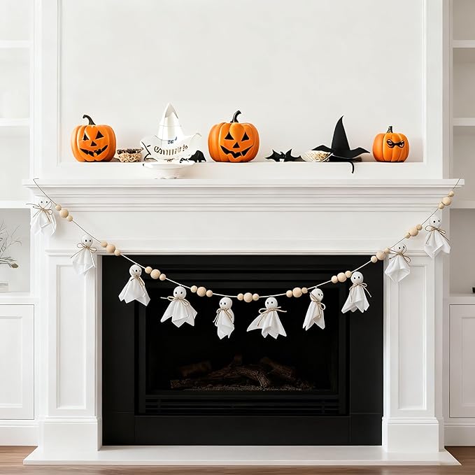 7Ft Halloween Decor Ghost Garland with Wooden Beads - Adjustable Hanging Cute Vintage Banner for Indoor Outdoor Wall Home Fireplace Mantel Spooky Party Decorations