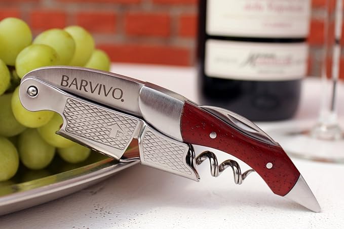 Barvivo Red Pear Wine Opener with Foil Cutter Knife and Cap Remover, Double Hinged Manual Wine Key for Bartenders, Servers, Waiters, Stainless Steel Wine Bottle Opener Corkscrew