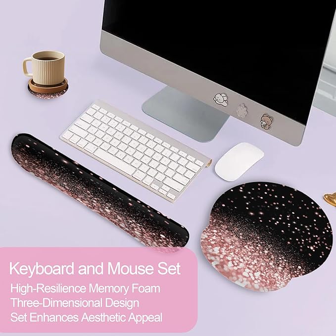 Rose Gold Glitter Mouse Pad with Wrist Rest and Keyboard Wrist Rest Set, Non-Slip Rubber Base Memory Foam Mouse Pad Set for Women, Office Desk Accessories, Gaming