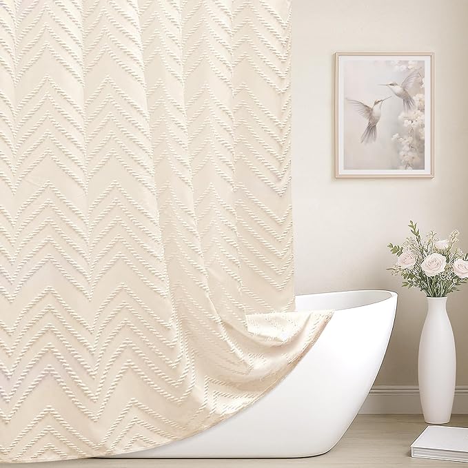 Cream Boho Fabric Shower Curtain 60 x 72 Modern Shabby Chic Textured Tufted Chevron Striped Minimalist Cloth Bathroom Shower Curtain