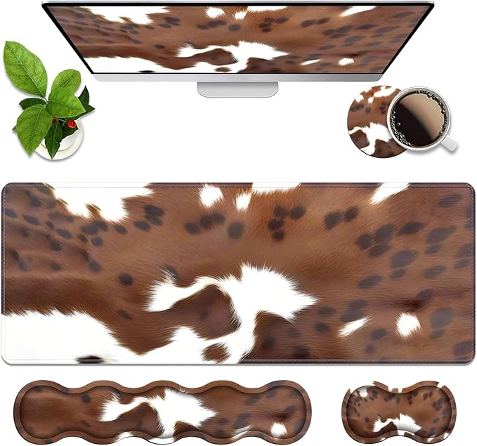 4 in 1 Ergonomic Memory Foam Mouse Pad Wrist Rest Set, Large XXL Gaming Desk Pad + Keyboard Wrist Rest + Mouse Wrist Cushion + Coaster for Home Office Study Gaming, Brown Cow Print