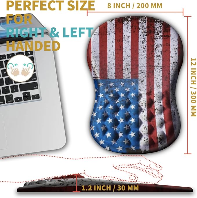 Hokafenle Ergonomic Mouse Pad Wrist Support with Massage Design, Wrist Rest Pain Relief Mousepad with Memory Foam&Non-Slip PU Base, Mouse Pads for Wireless Mouse & Desk (12x8 inch,USA Flag)