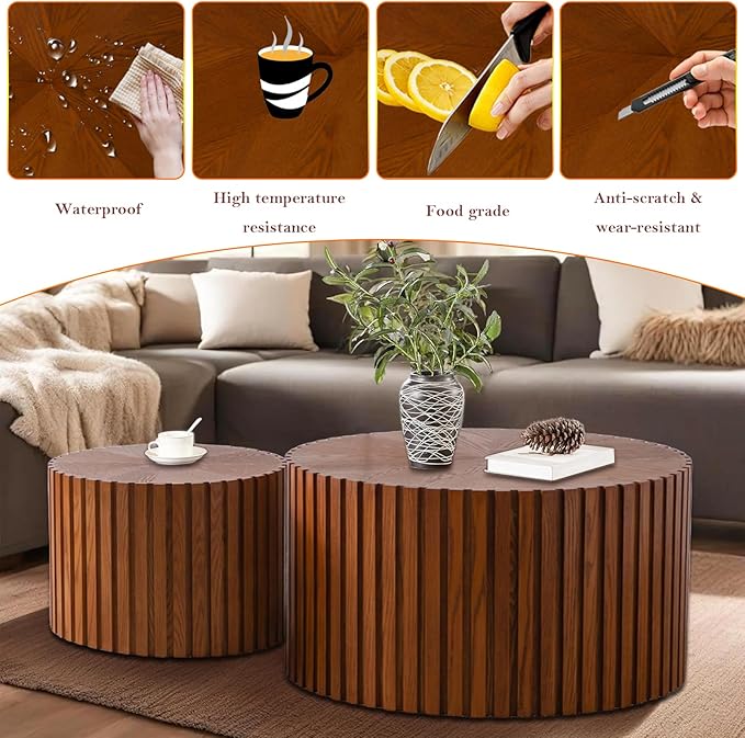 Handcraft Round Nesting Coffee Table - Chic Wave Stripe Edge, Modern Stylish Walnut Wooden Circle Fluted Center Table for Living Room (27.6in+19.7in)