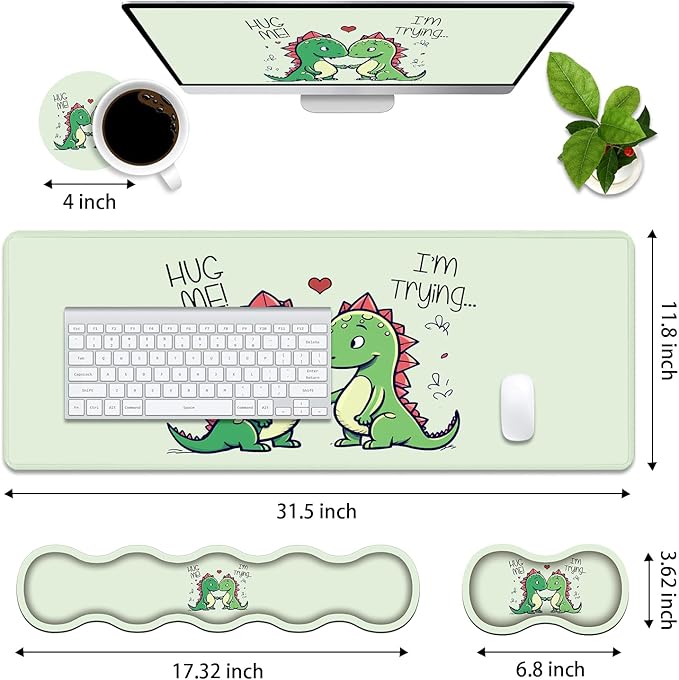 4 in 1 Ergonomic Memory Foam Mouse Pad Wrist Rest Set, Large XXL Gaming Desk Pad + Keyboard Wrist Rest + Mouse Wrist Cushion + Coaster for Home Office Study Gaming, Cute Little Dinosaur