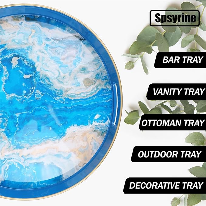 Spsyrine Round Marble Decorative Tray, 13" Plastic Serving Tray with Handles for Breakfast, Ottoman, Coffee Table, Bathroom, Kitchen, Living Room