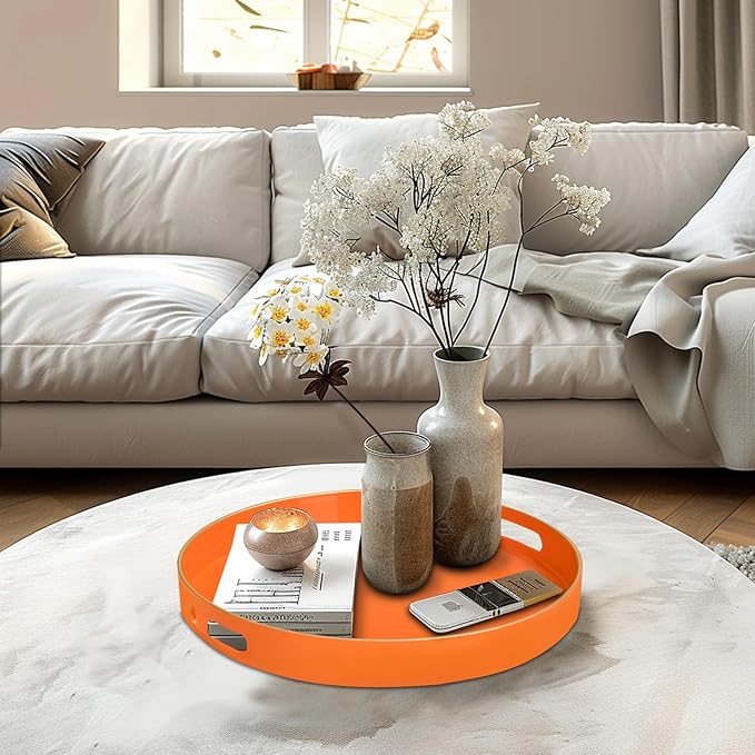 MAONAME 13" Round Tray, Orange Serving Tray with Handles, Modern Decorative Trays for Coffee Table, Plastic Ottoman Trays for Ottoman, Bathroom, Halloween Decor