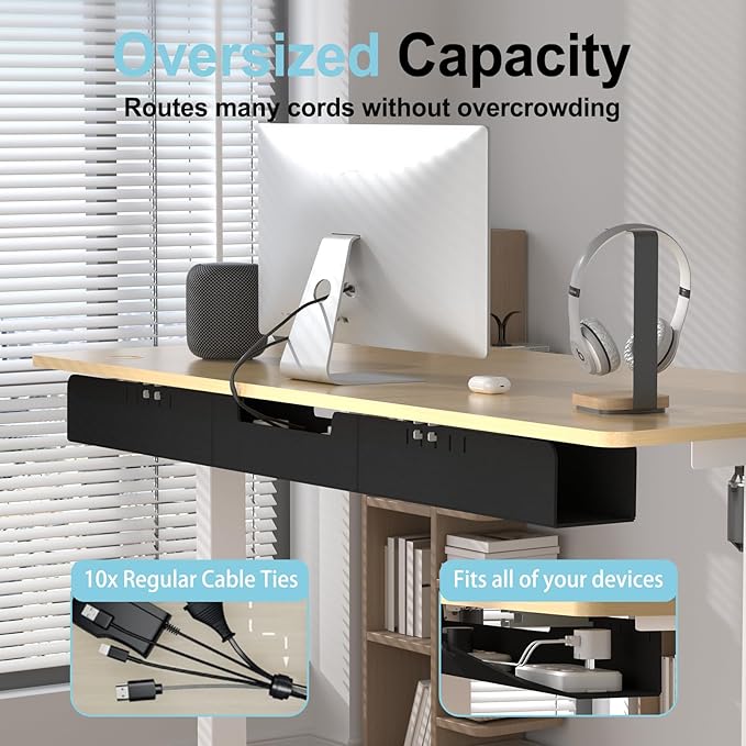 47.2" No Drill Under Desk Cable Management Tray, Felt Cable Organizer for Table, Adhesive/Screw Mount Cord Management Tray, Wire Organizer for Office Desk, Home Workspace