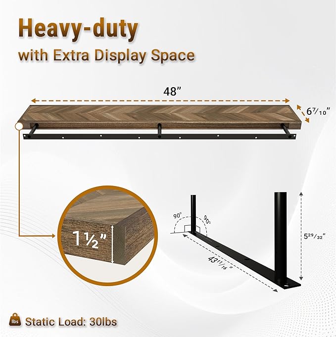 48" Rustic Farmhouse Floating Shelves – Set of 2 Acacia Wood Shelves for Stylish Wall Decor in Kitchen, Bathroom, Unique Chevron Pattern, Dark Walnut Color, 48x8x1.5 Inches - Set of 2 - DIY