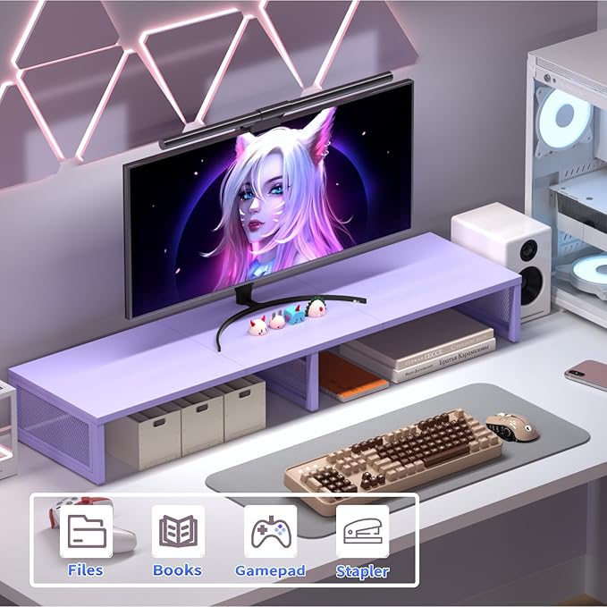 Dual Computer Monitor Stand Riser, Desk Organizers and Accessories, Printer & TV Stand, Desk Shelf, Office Desk Accessories & Desktop Workspace Organizer for Office Supplies, Purple