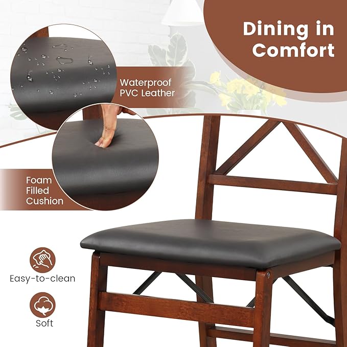 Giantex Folding Dining Chairs Set of 4, Foldable Wood Kitchen Chairs with Padded Seat, Solid Wood Frame, Max Load 400 Lbs, No Assembly Easy to Store Wooden Dining Chairs for Apartment, Small Space