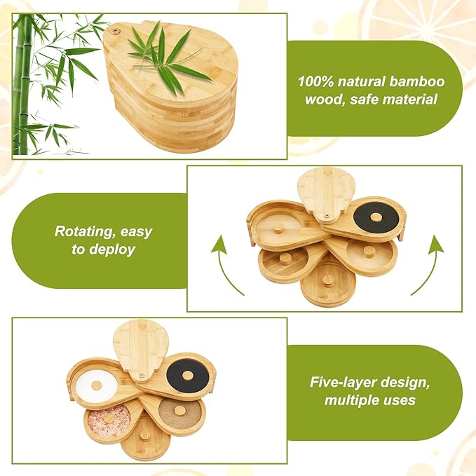 Mifoci Bamboo 5 Tier Margarita Salt Rimmer Set Salt and Sugar Glass Rimmer Set with Lid and 5 Sponges Home Bar Accessories for Cocktails Drinks House Party Bartender Supplies