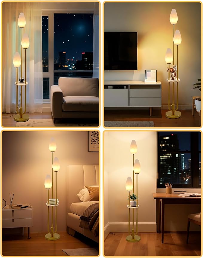 Lightdot Gold Floor Lamp with Tray, 3-Lights Dimmable Floor Lamps with Rock-Shaped Shade, Unique Candle Holder Style Modern Tall Lamp for Living Room/Party(Bulbs Included)