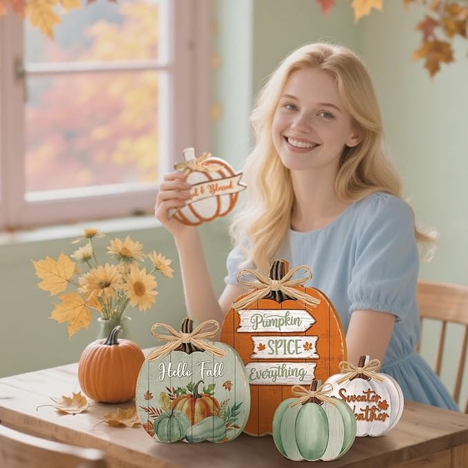 5 Pcs Fall Pumpkin Decor for Home Thanksgiving Novel Wooden Table Centerpiece Decorations Light Green Fall Wooden Pumpkin Signs for Autumn Farmhouse Kitchen Mantle Tabletop Supplies