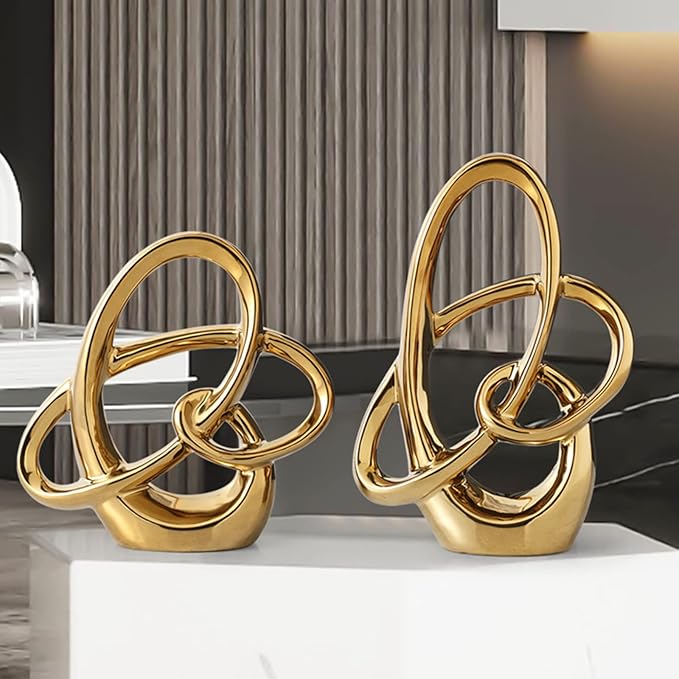 11in Gold Ceramic Statue – Modern Abstract Art Figurine for Shelf, Dining Table Centerpieces, Office, Living Room, Wedding or Coffee Table Home Decor Accent