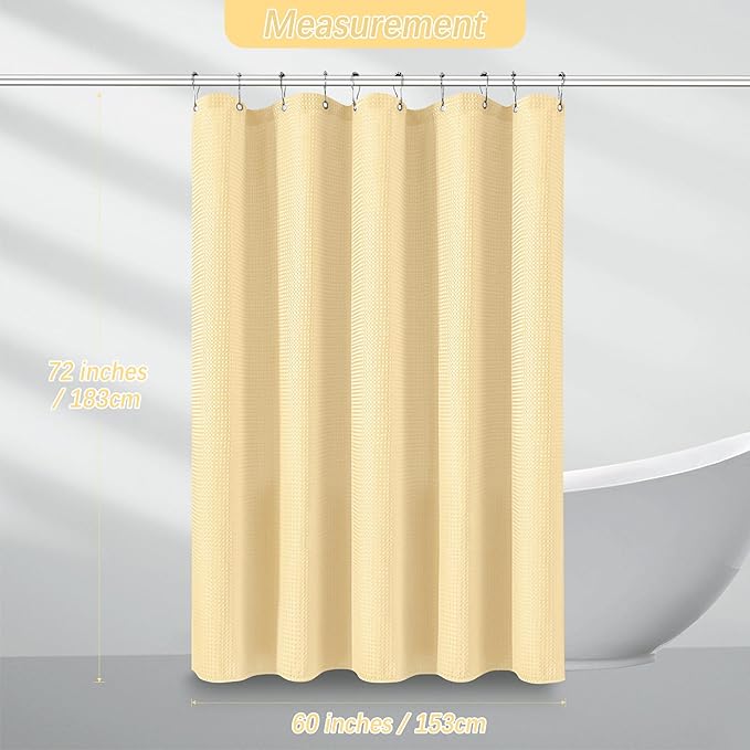 Neutral Fabric Shower Curtain for Bathroom Stall, 60 inche Waffle Weave Shower Curtain Beige, Machine Washable Waterproof 256GSM Heavy Duty Weighted with 10 Metal Hooks, 60Wx72H