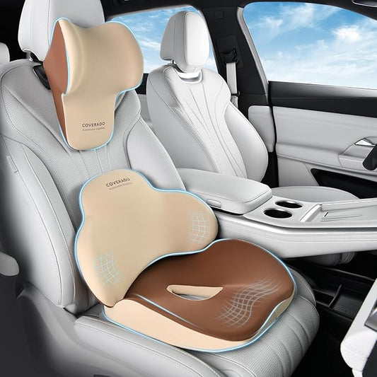 Coverado Car Seat Cushion and Lumbar Support with Headrest Pillow Memory Foam Ergonomic Back Support Driving Seat Cushion Neck Head Pillow, Back Pain Relief, Cushion for Car Driver Office