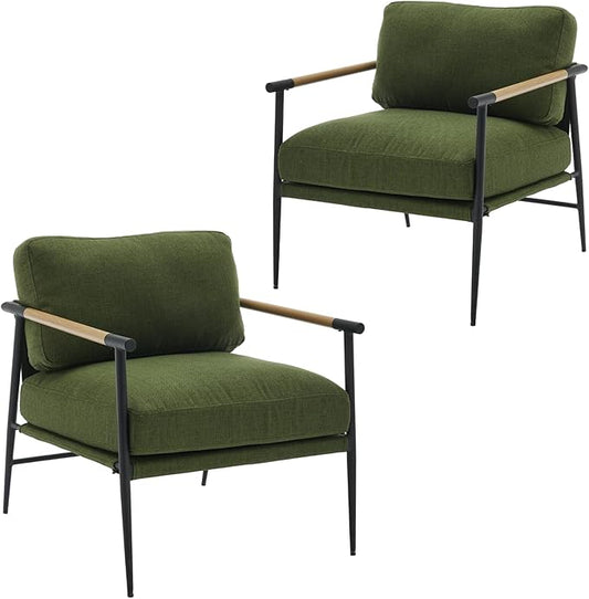 DUOMAY Mid-Century Modern Accent Chairs Armchairs Set of 2, Soft Linen Fabric Sofa Lounge Chairs Reading Chairs with Metal Leg for Living Room Bedroom Office, Green