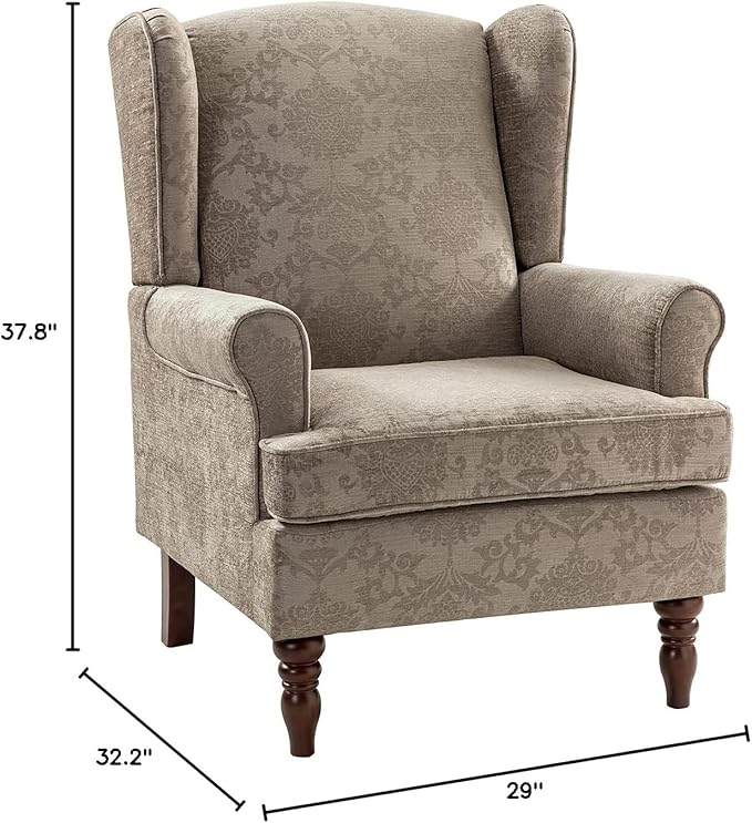 HULALA HOME Wingback Accent Chair with Retro Wood Legs, Traditional Fabric Armchair for Living Room Bedroom, Comfy Upholstered Single Sofa Chair Reading Chair with Unique Pattern Design, Brocade