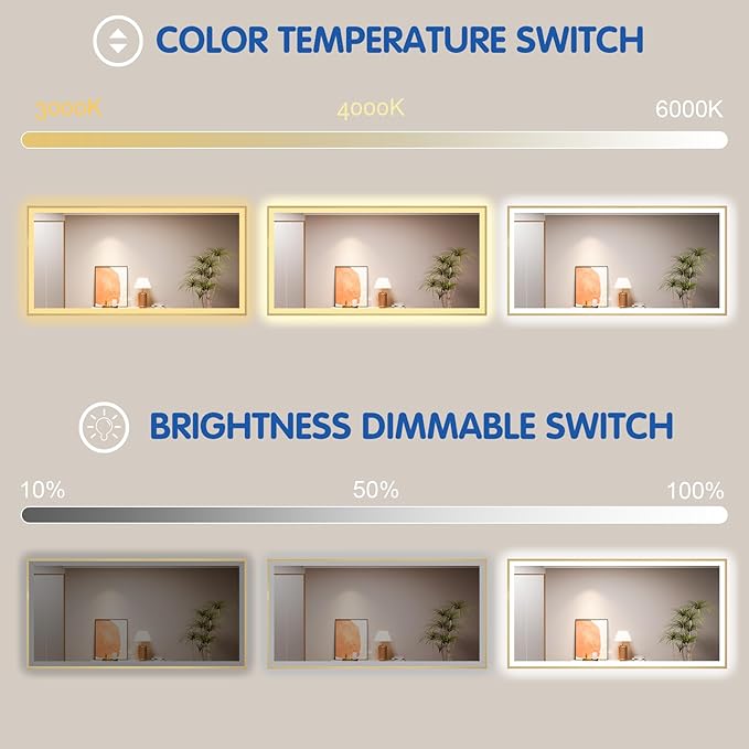 55x36 LED Bthroom Mirror with Gold Metal Frame, Dimmable Lighted Mirror with Backlit and Front-lit,LED Vanity Mirror for Wall, Memory Function, Tempered Glass, Anti-Fog
