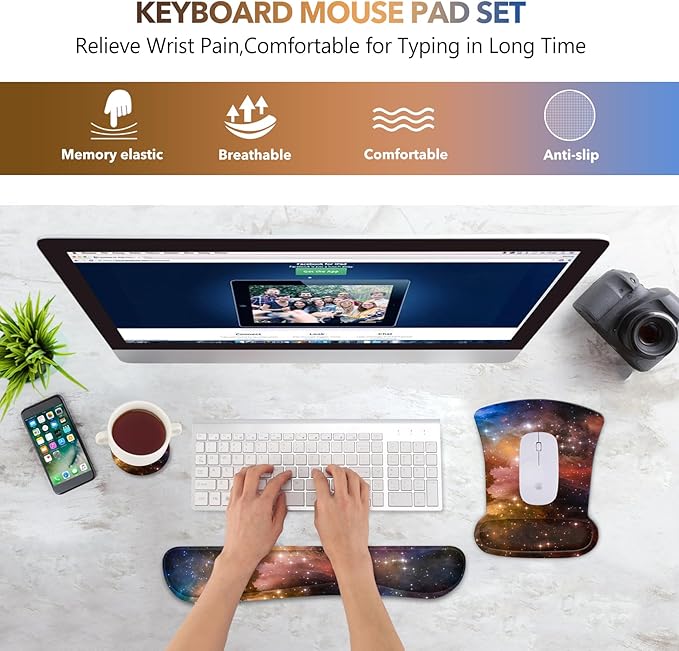 AIMSA Wrist Rest Support Mouse Pad Ergonomic, Memory Foam Keyboard Wrist Rest Set Non-Slip Easy Typing and Relieve Wrist Pain Mouse Mat for Computer Office -Colorful Galaxy Nebula