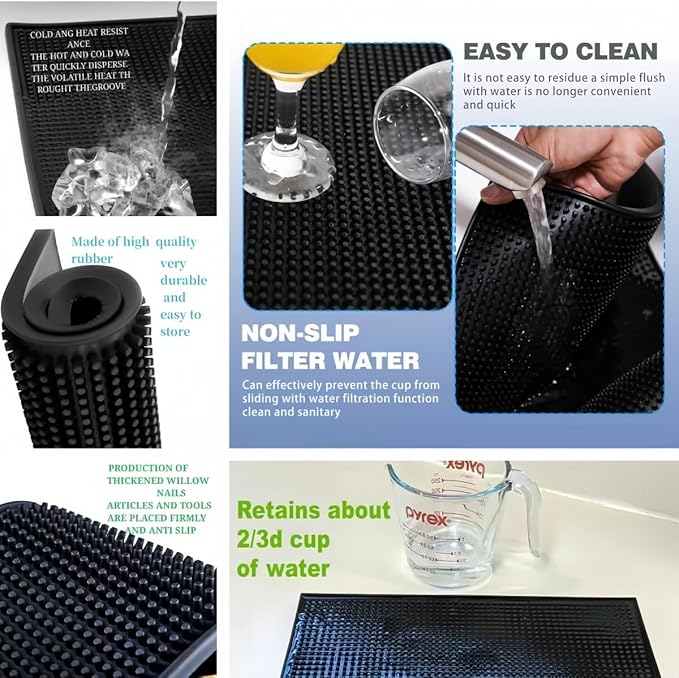 WANGCHAO 3 pcs Black 8mm Thick Anti-Skid Non-Toxic Rubber Bar Mat for Home Bar, Countertop, Restaurants, Coffee Bar - Premium Rubber Bar Service Spill Mat (3 Pack) (18 "x 12" +2PCS12 x 6")