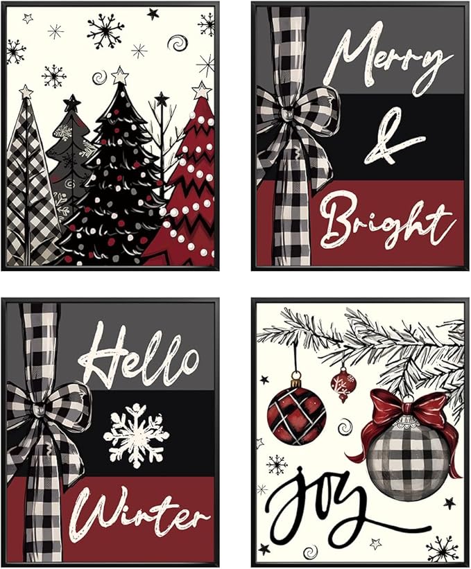 Wheatwin Winter Christmas Decor Wall Art Prints Set of 4, Christmas Tree Wall Decor, Hello Winter Xmas Merry Christmas Decor for Home Bedroom Living Room, 8x10 (Unframed)