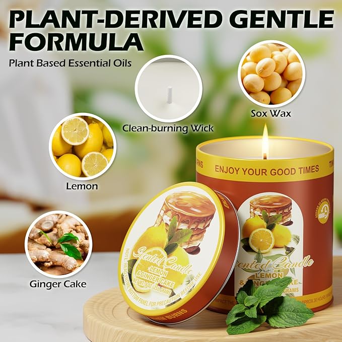 Lemon Ginger Cake Scented Candles Set | 2Pack 18OZ 8% Essential Oils 80H Burn Time | Clean Burning Smokeless for Aromatherapy Tin Jar Soy Wax Candle, Meditation, Yoga, Spa Gift Set for Men&Women