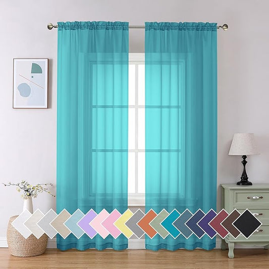 Aiyufeng Turquoise Sheer Curtains 90 Inches Long 2 Panels Set, Light Filtering Soft Airy Voile Rod Pocket Turquoise Sheer Window Drapes for Bedroom Living Room, Each 42Wx90L Inches