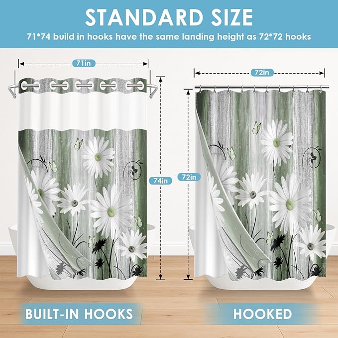 No Hook Green Daisy and Butterfly Shower Curtain with Snap in Fabric Liner Set, Rustic Farmhouse Double Layers Waterproof Fabric with See Through Top Window Open Grommet Bath Curtain 71x74 Inch