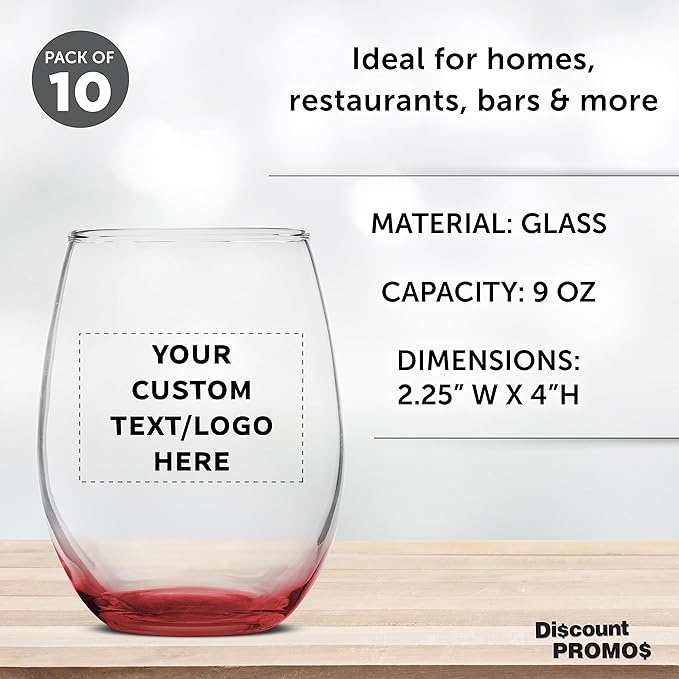 Custom Stemless Wine Glass 9 oz. Set of 10, Personalized Bulk Pack - Great for Wedding Favors, Bachelorette Party Decorations, Party Favors, Color Bottom - Red