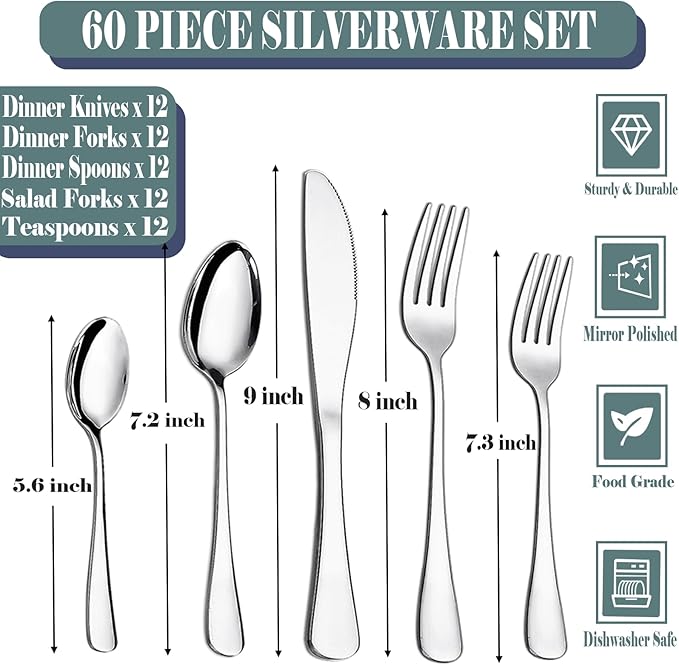 60 Piece Silverware Set, Food-Grade Stainless Steel Silverware Set for 12(Includes 12 Knives, 12 Forks, 12 Spoons, 12 Teaspoons, 12 Dessert Forks),Mirror Polished, Dishwasher Safe