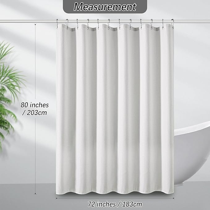 Long White Shower Curtain Waterproof Large Heavy Duty Fabric for Bathroom, Machine Washable Tall 256GSM Modern Shower Curtains for Spa Hotel with 12 Metal Hooks, 72Wx80H